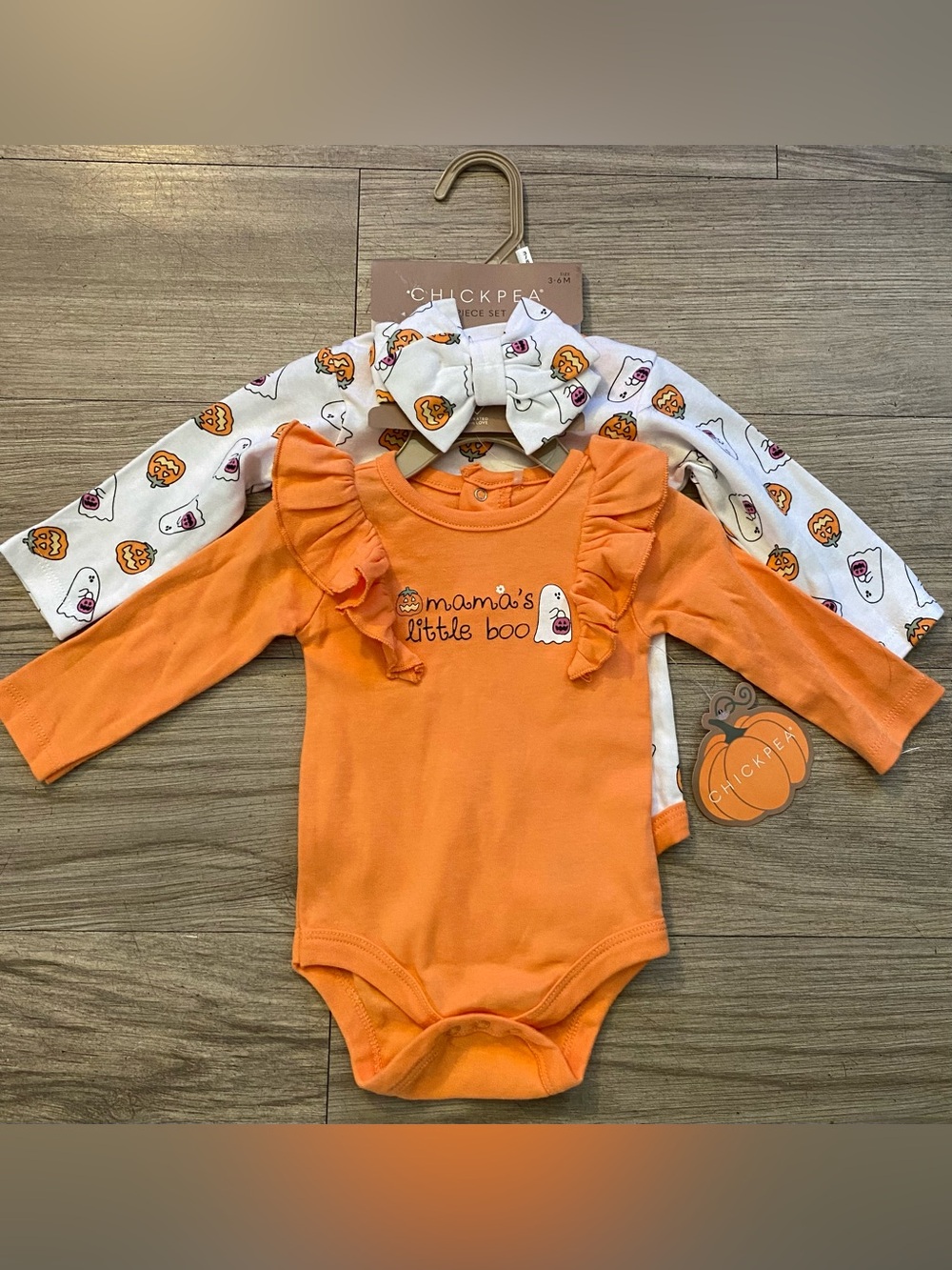 chick pea Orange Ruffle Bodysuit Set with Pumpkin & Ghost Matching Headband